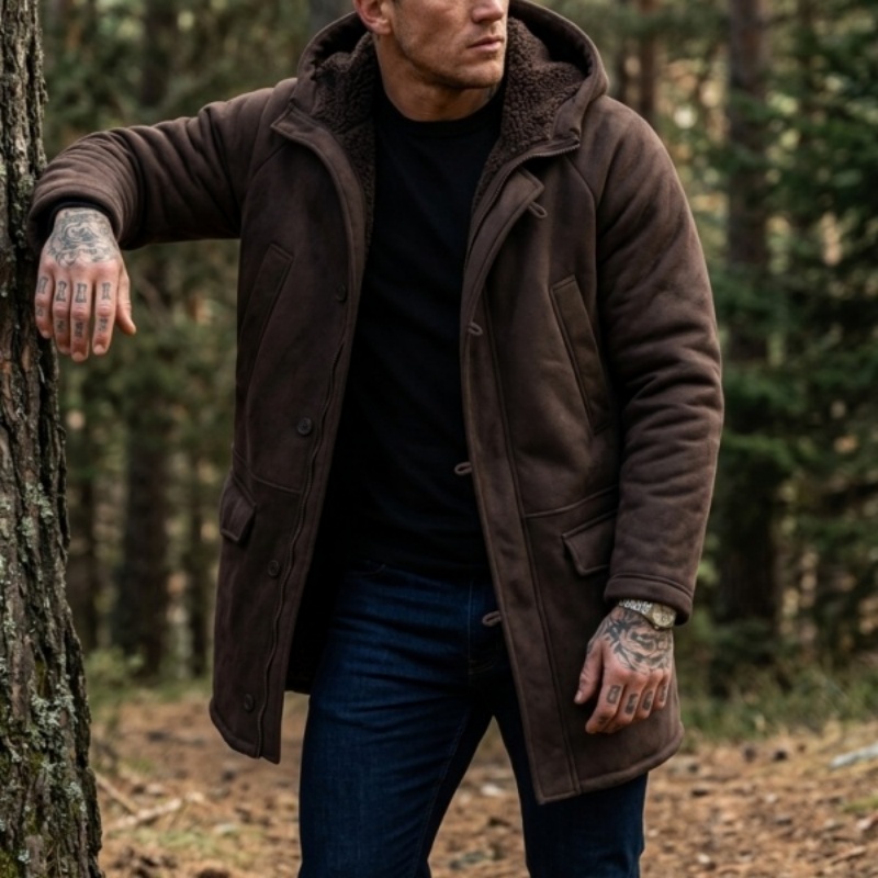 Outdoor Hunting Coat - Yeni Erkek Suni Kürk Astarlı Kapüşonlu